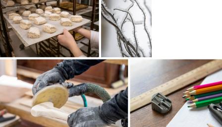 Kollaasikuva jossa leipuri, veneenrakentaja, värikyniä ja luminen oksa.