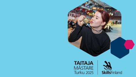 Taitaja2025-banneri, jossa henkilö mitalin kanssa.