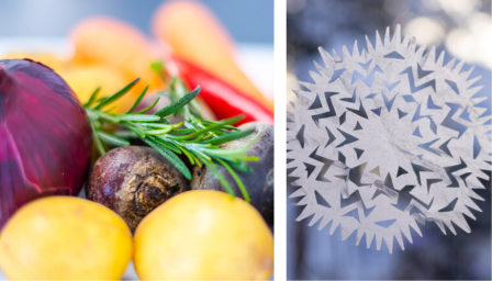 Värikkäitä kasviksia, lumihiutale ja jumppaava henkilö