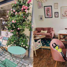 Kollaasi Chez Georgette ravintolasta. Vasemmalla kuva terassilta, jossa metallipöytiä ja taittotuolit. Oikealla kuva sisältä. jossa sohvia ja pieniä kahvipöytiä.