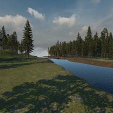Metsäinen virtuaalimaailma, jossa joki virtaa keskellä kuvaa ja taustalla näkyy laituri.