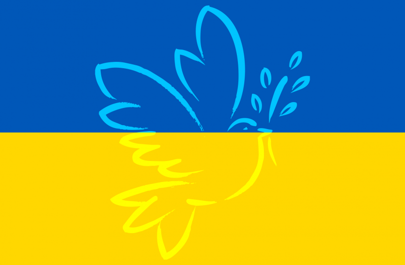 Ääriviivapiirros rauhankyyhkystä, jonka taustalla Ukrainan lipun värit.