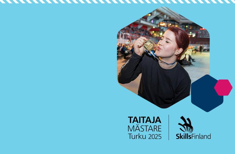 Taitaja2025-banneri, jossa henkilö mitalin kanssa.