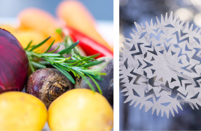 Värikkäitä kasviksia, lumihiutale ja jumppaava henkilö