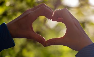 Kädet muodostavat sydämen auringonvaloa vasten.