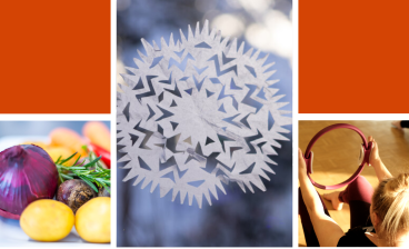 Hyvinvoiden kohti joulu -tapahtuman kuva, jossa ruokaa, lumihiutale ja liikkuva ihminen