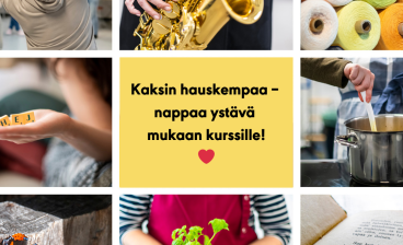 Ystävänpäivä toivotus kurssiin liittyen kuvien kuten soittimen, lankakerien ja liikkuvan ihmisen kanssa.