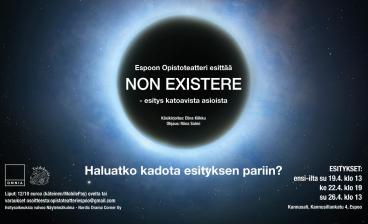 Näytelmän mainos, musta pallo, jonka reunalla vaaleampaa ja ulkopuolella taas mustaa