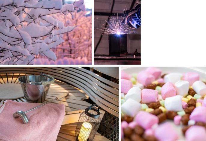 Kollaasikuva, jossa talvinen maisema, hitsausliekki, kylpyläsaunan lauteet ja vaahtokarkkeja lautasella.