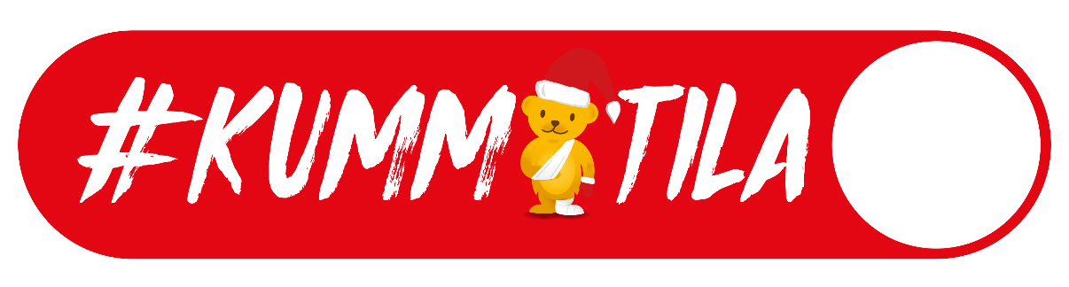 Teksti, jossa lukee #kummitila. I-kirjaimen tilalla on nalle, jolla on päässä tonttulakki.