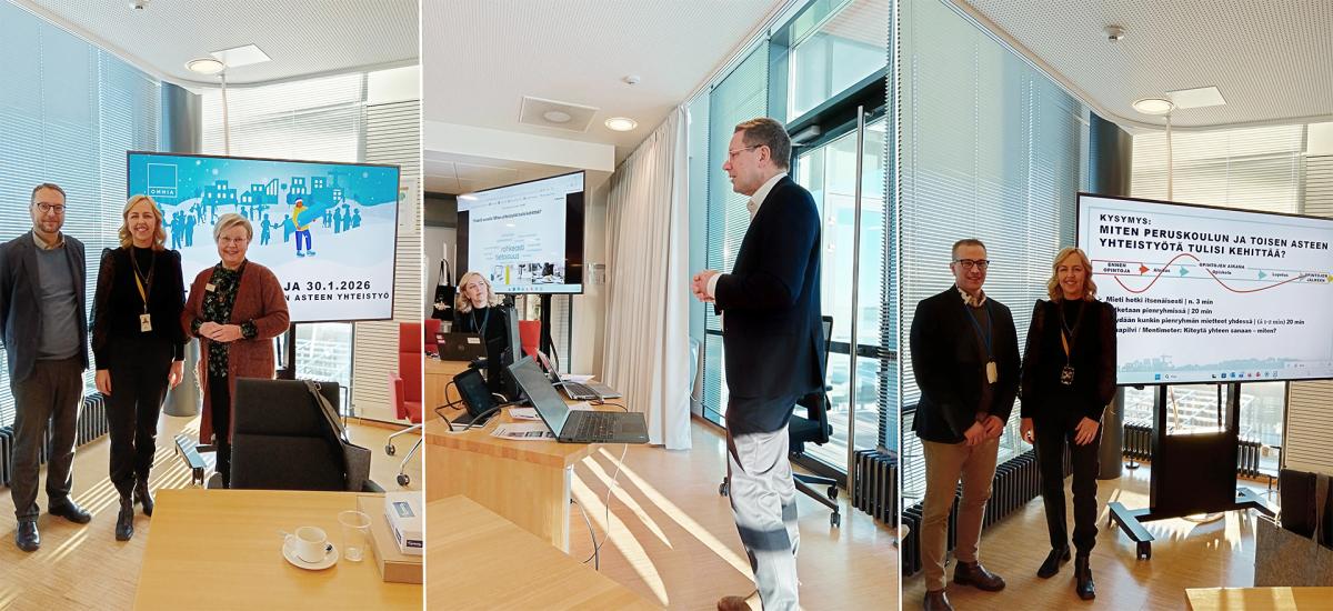 Kolmen kuvan kooste työpajasta: osallistujia näyttöruudun edessä, puhuja esittelemässä kokoushuoneessa sekä dia peruskoulun ja toisen asteen yhteistyön kehittämisestä.